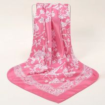 90CM Stain Silk Square Scarf Pink Floral Handkerchief Hijab Head Wrap For Women Soft Bandana Female Foulard Headscarf 90*90cm