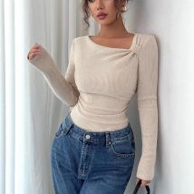 2025 Fall Winter New Fashion Women's Tops Asymmetrical Pleated Simple T-Shirt Y2k Clothing