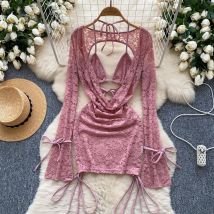 Elegant Hollow Out Halter Straps Corset Top Vintage Flare Sleeve Chic Bandage Lace Slim Dress French High Street Autumn Clothing