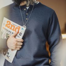 Maden Vintage Navy Blue Waffle Henley Shirt for Men Long Sleeve Slim-fit T-shirts Spring Bottom Knit Sweater Crew Neck T Shirt