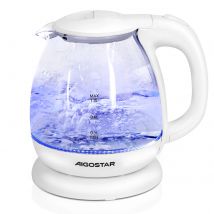 Aigostar Elvin - Bollitore elettrico in vetro borosilicato con illuminazione a LED. 2200W, 1L, Bollitura Rapida, Bianco, Protezione da bollitura a secco. SENZA BPA