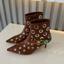 Silber Metall Kreis Dekoration Hohl Kurze Stiefel Frauen Spitze Zehen Niedrigen Absatz Seitlichem Reißverschluss Schwarz Braun Leder Sexy Ankle Boot