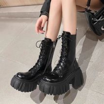Mode Plattform Mid-kalb Stiefel Schwarz Starke High Heel Punk Kurze Stiefel Goth Stil Cool Girl Frühling Herbst Straße frauen Schuhe