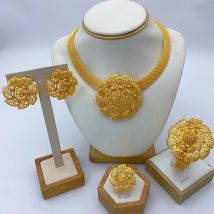 Wholesale Indian Bridal Gold Plated Jewelry Set For Women African 24K Gold Color Big Pendant Necklace Earring Set Dubai Nigerian