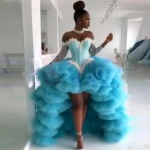 Ball Gown High Low Prom Dresses Blue Off The Shoulder Long Sleeves Aso Ebi Evening Dress Graduation Gowns Holiday Vestidos