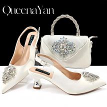 Heißer Verkauf Elegante Edle Bunte Strass Design Weiße Farbe Party Hochzeit Spitz High Heel Frauen Schuhe und Tasche Set