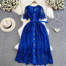 Summer Blue Lace Dress Women Hook Flower Hollow Golden Button Bodycon Vintage Clothing Square Neck Street Vestido Party