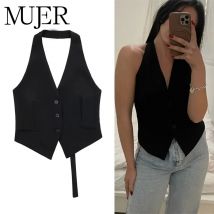 MUJER 2025, schwarze ärmellose Weste für Damen, schulterfrei, abgeschnittene Weste, Top, Damenmode, rückenfrei, V-Ausschnitt, kurze Mäntel, Sommerweste