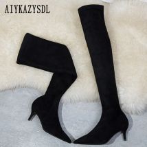 Aiykazysdl Frühling Herbst Frauen med Stiefel mit niedrigem Absatz Kätzchen Absatz Mode Slim Fit schlanke lange Herde Faux Wildleder Stiefel über dem Knie
