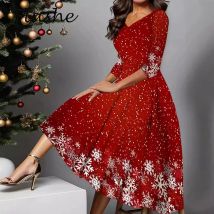 Weihnachtskleid für Damen, elegant, langärmelig, A-Linie, Partykleid, Rot, Frühling und Herbst, modisch, langes Kleid, Übergröße 2024