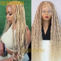 Synthetic Full Lace Bohemian Braid Wig 32 Inch Box Braids Goddess Wig With Curly Hair Ombre Blonde Gradation Cornrow Braided Wig