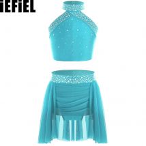 Kids Girls Sparkly strass Dance Outfit Halter Neck senza maniche Backless Cross Back Vest con gonna irregolare arricciata