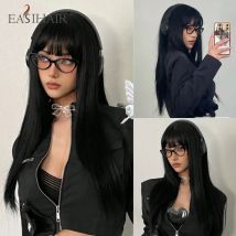 EASIHAIR pelucas sintéticas largas y sedosas con flequillo, pelucas de pelo negro para fiesta de Cosplay, peluca Natural resistente al calor para mujer
