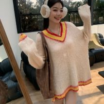 Pullover Frauen V-ausschnitt Gestrickte Herbst Winter Lose Fit Weiche Chic Faul Stil Getäfelten Oberbekleidung Casual Junge Streetwear Alle-spiel