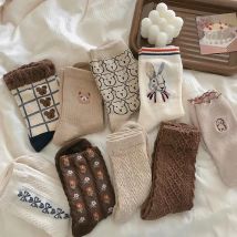 5 Pairs Winter Women's Socks Bear Cute Cartoon Animal Cotton Socks Japanese Fashion Kawaii Rhombus Middle Tube White Socks