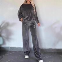 Modisches Stickerei-Damen-Zweiteiler-Set, lässiger Samt-Pullover mit Dolman-Ärmeln, einteiliges Kragen-Oberteil, Hose, 2-teiliges Outfit