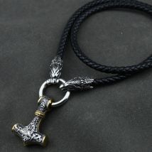 Männer edelstahl Wolf kopf nordischen viking amulett thor hammer anhänger halskette leder kette