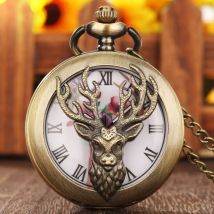 Popolare orologio da tasca con movimento al quarzo in bronzo vintage, testa di cervo scavata, regali di Natale intagliati per uomini e donne