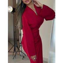 Luxury High Waist Solid Color Banquet Dress Elegant Lady Irregular Pleat Party Dress Sexy V-neck Long Sleeve Twist Evening Dress