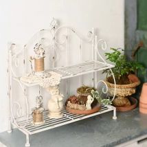 Vintage-Gartenregal aus weißem Metall, 2-stöckiges dekoratives Präsentationsregal mit Scrollwork-Design, französischer Landhausstil, drinnen und draußen