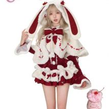 Winter Weihnachten Lolita 3-teiliges Set Damen Kawaii Plüsch Hase Ohr Kapuzenmantel Mantel Schleife Minikleider Koreanischer Stil Y2k Süßer Anzug