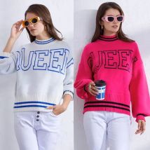 Vintage-Pullover, dicker Strickpullover, koreanische Langarm-Pullover mit Queen-Grafik, Übergröße, gemütliche Strickpullover für Damen