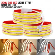 220 V COB-LED-Streifenlicht-Klebeband, 10 cm Schnitt, 2-poliges Kabel, Stromversorgungsset, 240 LEDs, flexible lineare Beleuchtung, RA90, 1 m, 2 m, 5 m, 10 m, 20 m, 40 m, 0,5 m