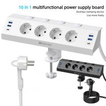 Eu Listwa zasilająca z wieloma wtyczkami i urządzeniem do mocowania na biurku Wtyczka z pierścieniem ciągnącym 4 porty USB-A i 2 porty USB-C Przełącznik jednokierunkowy Kabel 2 m