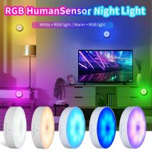 Sensore di movimento a LED Luce notturna Rotonda RGB Luce fredda calda Luce magnetica per armadio Soggiorno Cucina Camera da letto Luci ambientali notturne