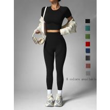 2Pcs Women's Sturdy Activewear Set, Breathable Waistless Short Sleeves and High Waist Pants, Yoga Gym Workout for Running,