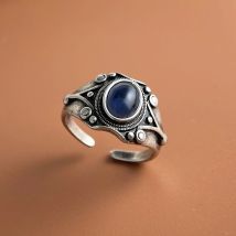 925 Sterling Silver Rings for Women Couple Minimalist Handmade Simple Retro Blue Stone Ring Fine Jewelry Gift Prevent Allergy