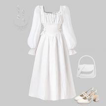 2025 Autumn New Princess Dress Solid Color White Square Collar Ruffled Long Sleeve A-Line Dress For Girls 8-12 Years Party Set