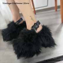 Vintage Skull Buckle Strap Faux Fur Slippers Round Toe Block Heel Women Shoes Height Increasing Platform Winter Warm Sandals