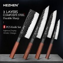 HEZHEN 1-4PC Set di coltelli da cucina affettare acciaio inossidabile acciaio composito Chef Santoku Nakiri Utility confezione regalo con manico in legno rosso
