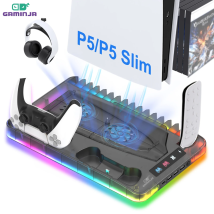 GAMINJA Host Base di dissipazione del calore per PS5 con 7 colori effetto luce Gancio per cuffie Disco da gioco Rack di stoccaggio Maniglia Supporto di ricarica