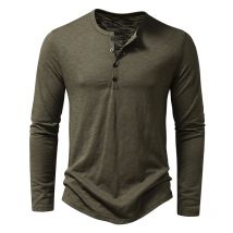 Neues Henley-T-Shirt aus Baumwolle für Herren, langärmelig, Basic, lässig, Knopfkragen, atmungsaktiv, für den täglichen Gebrauch