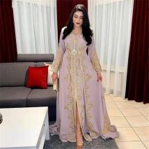 Lila marokkanischer Kaftan, formelle Abendkleider, A-Linie, lange Ärmel, Applikationen, Ballkleider, arabische Partykleider, individuell gestaltet