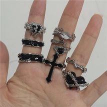 Punk Harajuku Goth Spine Nero Argento Colore Cuore Irregolare Croce Anello Aperto Per Le Donne Degli Uomini Amante Vintage anni '90 Y2K Grunge Jewely