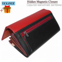 Freies Geschenk Neue Frauen Lange Magnetische Echtes Leder Brieftasche Weibliche Mode Haspe Geldbörse Damen Patchwork Geld Tasche Für Karte Halter