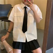 E-BAIHUI 2025 Kurzarm-Bluse für Damen, Weiß, mit Revers, lässig, mit Taschen, Hemd mit Krawatte, für Teenager-Mädchen, Studentinnen, locker, Oversize, Basic-Blusen