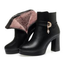 Fashion Winter Women Soft Leather Ankle Boots Thick Plush Warm Snow Boots Mother Non-slip Boots High Heel Thick Sole Shoe