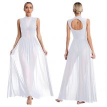 Langes Damen-Kleid für lyrischen Tanz, Ausschnitt hinten, in voller Länge, Overlay-Trikot, Kostüm, Lady Latin Rumba, Tango, Maxikleid, Tanzbekleidung