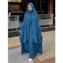 Eid Muslim Langer Khimar-Oberrock, 2-teiliges Set für Damen, Abaya, vollständige Abdeckung, Ramadan-Kaftan, Djellaba Musulman Ensembles Gebetskleidungsstück