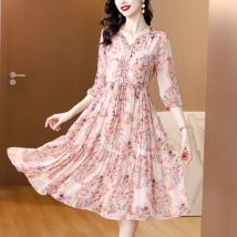 Sommer Luxus Seide Floral Casual Midi Kleid 2025, frauen Vintage Elegante Abend Prom Kleid Frühling Urlaub Boho Hepburn Vestidos