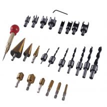 26-teiliges Sechskant-Bohrer-Set mit 5 Flöten für Holzbearbeitung, Stufenfasenbohren mit Senker und Körnerpositionierer