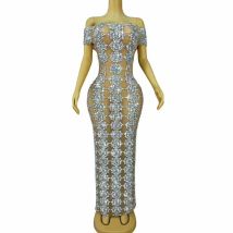 Luxus Sparkly Strass Mesh Off Schulter Kleid Frauen Sexy Nachtclub Party Dance Performance Kostüm Sänger Tänzer Bühne Tragen