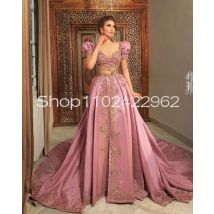 Maßgeschneiderte rosafarbene Keswa tunesische Kaftan-Abschlussball-Anlasskleider, Puffärmel, Applikation, Spitze, Perlen, Fleck, Abendkleid-Outfit