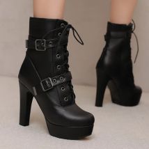Frauen Punk Stil Lace-Up Stiefeletten Gürtel Schnalle Plattform High Heels Kurze Boot Weibliche Weiß Herbst Winter Runde kappe Schuhe 2025