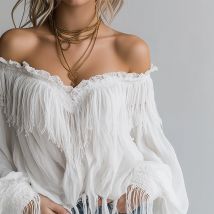 Cakrisyal Damen-Bluse mit Spitze, Quasten, sexy, schulterfrei, weiß, Chiffon, Laternenärmel, lose Fransen-Tops, weibliche Mode-Blusen