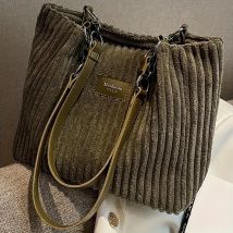 Large Capacity Corduroy Tote Bag, Chain Strap Shoulder Bag for Women, Polyester Lining, Zip Closure, Black, Beige, Khaki, Green